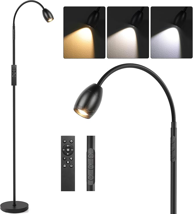 Reading Floor Lamp 10W High Wattage, 72" Tall LED Lamp with Gooseneck, Dimmable Zoomable Spotlight, Adjustable Color Beam Standing Lamp, Touch & Remote Control, Task Craft Living Room, Matte Black