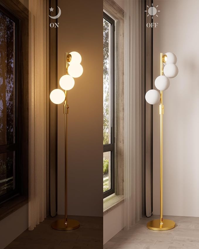 Gold Globe Floor Lamp Dimmable 64IN Tall Standing Lamps with Soft Warm White Eye Care 3000K G9 Bulbs, Mid Century Modern Floor Lamp with 5Lbs Heavy Base for Living Room Bedroom