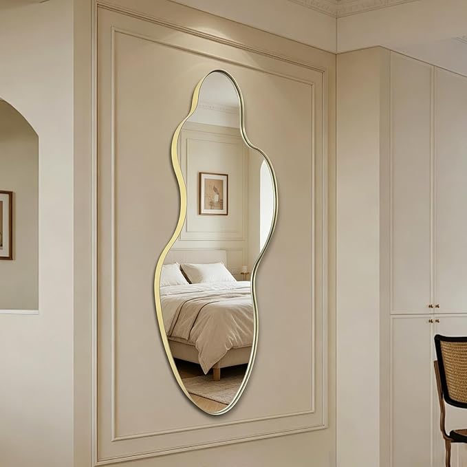 Large Irregular Wall Mirror, 60"x30" Asymmetrical Decorative Accent Mirror with Gold Metal Frame, Organic Shape Mirrors for Entryway Bedroom Living Room, Horizontal or Vertical Hanging