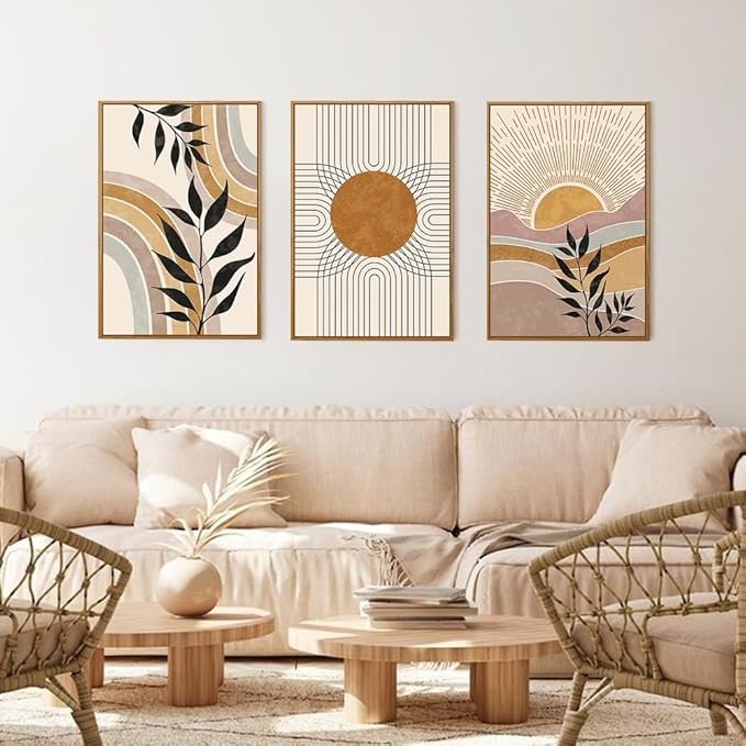 HPINUB Boho Framed Canvas Wall Art Prints, Set of 3 Mid Century Modern Wall Decor, Nature Plants Desert Sun Art Paintings, Bohemian Artwork for Living Room, Bedroom, Dining Room, Office - 16"x24"x3