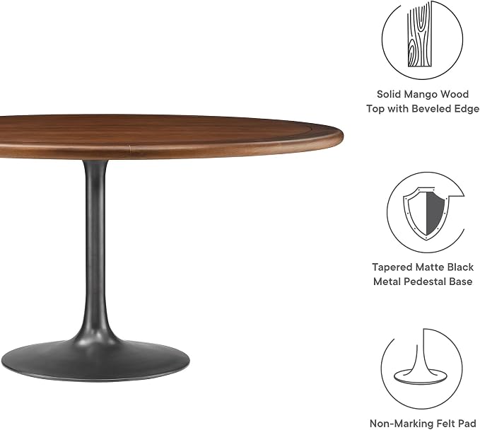 Modway Lippa 60 Inch Round Wood Dining Table with Metal Pedestal in Black Walnut - Modern Industrial Dining Table for 6 People - Solid Wood Tulip Kitchen Table