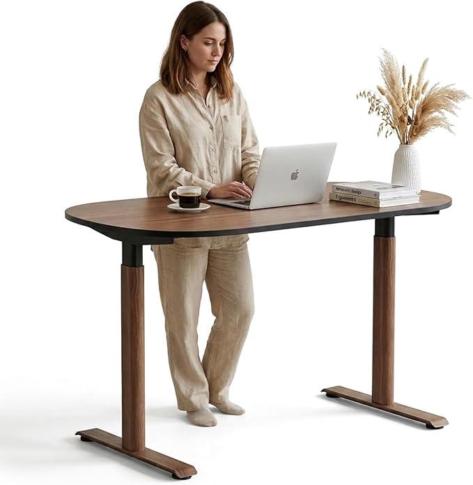 Electric Standing Desk 55x24, One-Piece Walnut Desktop, Height Adjustable Sit Stand Workstation with Quiet Motor & Memory Presets, Oval Leg Home Office Standing Desk, Anti-Collision, Minimalist Design