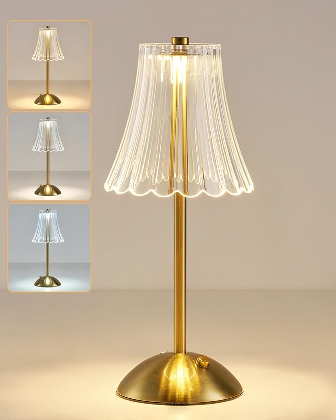 SHREWSBURY & CO Rechargeable Table Lamp Brass, LED Desk Lamp Battery Operated, 3 Colors and Dimmable, Bedside Reading Light, Cordless Touch Lamps for Bedroom Living Room Bar Restaurant