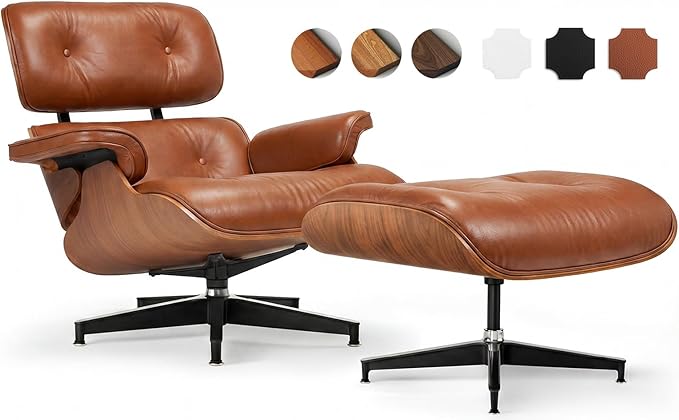 Top Grain Leather, Mid Century Chaise Lounge Chair and Ottoman, Reading Chair, Leather Accent Chair, Modern Chair, Classic Design, Heavy Duty Base Support for Living Room Lounge Office, Walnut-Brown