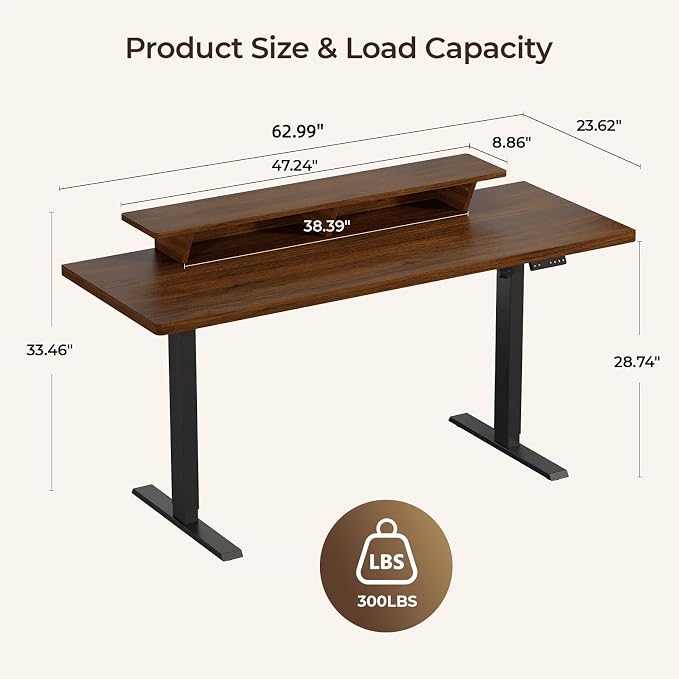 63 x 24 Inches Electric Standing Up Desk with Monitor Shelves,Height Adjustable Computer Desk from 28-46''with Memory Controller,Modern Home Office Desk for Work,Study,Walnut