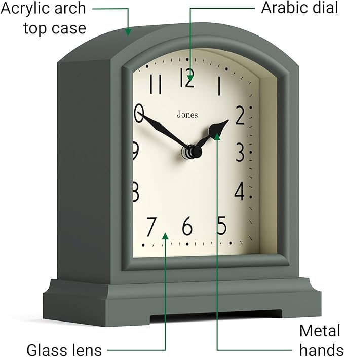 JONES CLOCKS® Tavern Mantel Clock | Modern Arch top Design | Asparagus Green | Contemporary Classic Style for Desk, Table, Shelf or Bedside