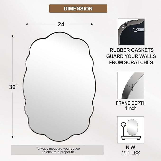 ANDY STAR Chrome Wavy Oval Bathroom Mirror - 24x36 Inch Polished Scalloped Bathroom Mirror, Unique Irregular Design with Heavy Duty SUS Metal Frame