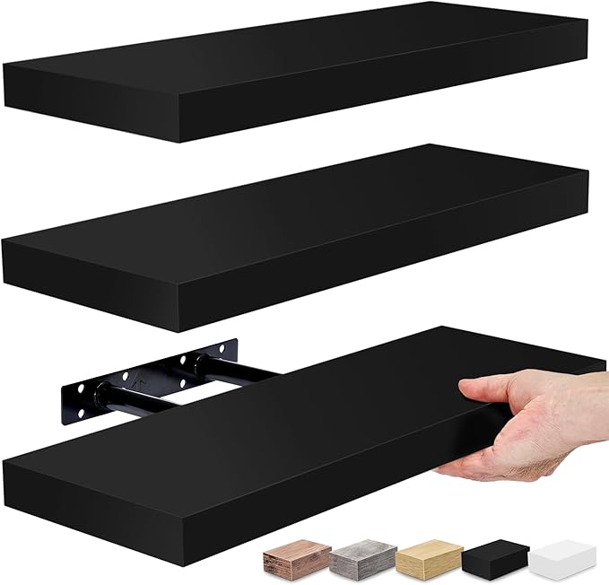 Sorbus Floating Shelves for Wall - Set of 3 Black Wood Shelves for Living Room, Kitchen, Bedroom, Bathroom Storage - 16" Book Shelf for Wall Decor, Home Decor, Farmhouse, Frames & Trophy Display