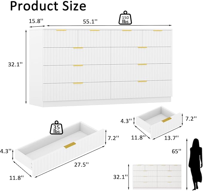Fluted 10 Drawer Dresser for Bedroom,55.1''W Modern Dresser for Closet with Metal Handle, Wooden Chest of Drawers for Bedroom, Living Room, Hallway,White