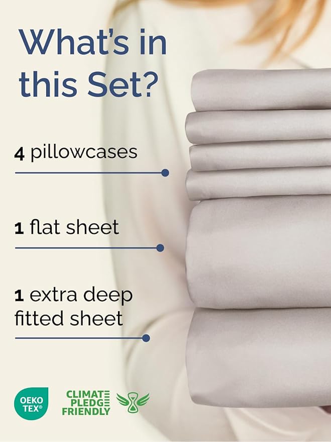 Extra Deep Cal King Sheet Set - 6 Piece Breathable and Cooling Sheets - Hotel Luxury Bedding for Women, Men, Kids & Teens - Easy & Secure Fit - Soft and Wrinkle Free - Extra Deep Pockets - Light Grey