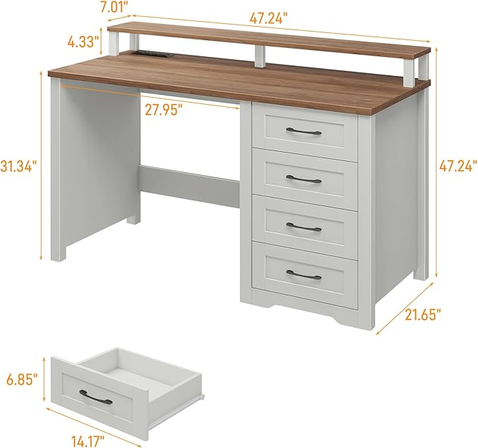 Vabches 47" Farmhouse Executive Desk with Monitor Stand and LED Lights,4 Drawers Computer Desk with Power Outlets,Large Workspace for Work Study Writing.Unique White