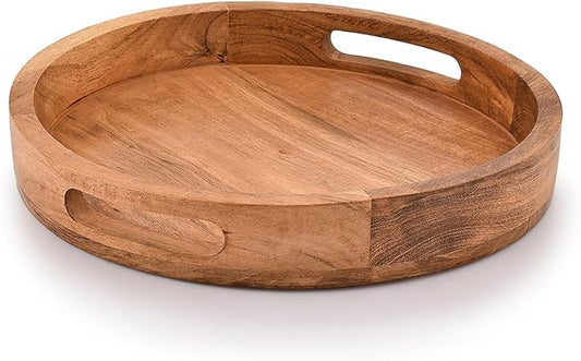 Samhita Round Serving Acacia Wooden Tray with Handles for Serving Beverages & Food on Bar Living Room Home Dining Table (12" x 12" x 1.6")