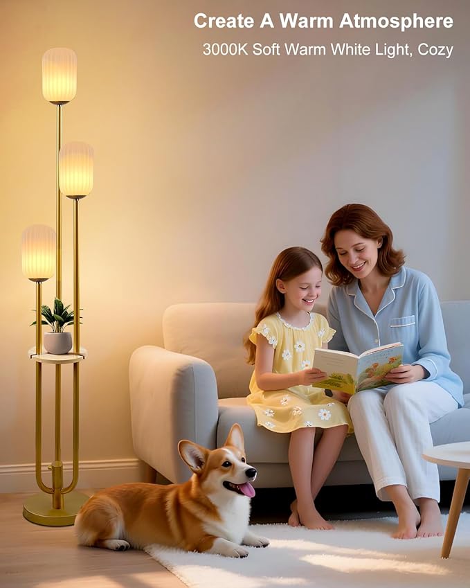 Gold Dimmable Floor Lamp with Table, Modern Floor Lamps with Oval Striped Lampshade 3000K Soft Warm White 3-Lights Candle Holder Style Tall Lamp for Living Room/Bedroom