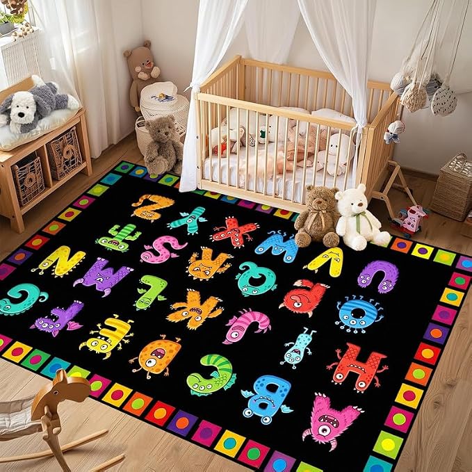 Alphabet Monster Area Rug for Kids 3'x5' Colorful ABC Learning Carpet Non Slip Educational Play Mat for Nursery Bedroom Playroom Classroom Entryway Living Room Home Decor