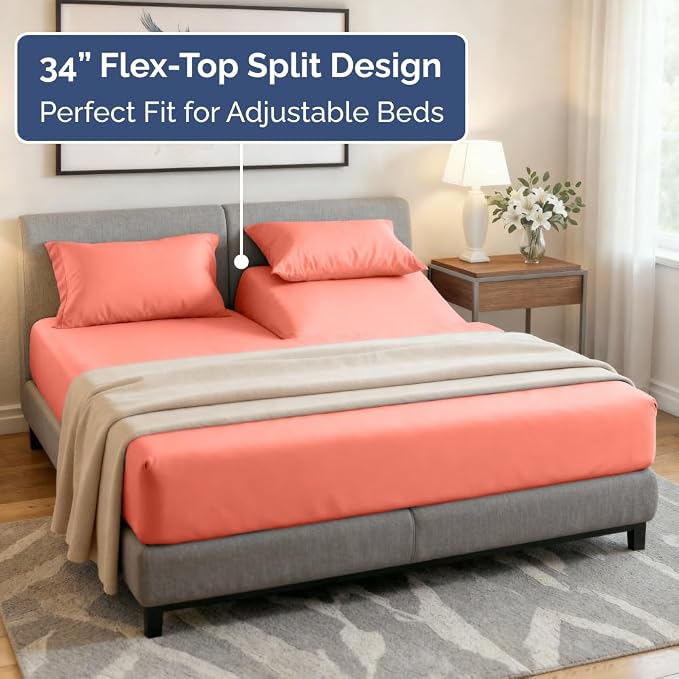 Flex Top Split Head King 4 Piece Sheet Set - Ultra-Soft, Breathable & Cooling Bed Sheets Set - Hotel Luxury Bedding for Women & Men with Deep Pockets - Wrinkle Free & Fade Resistant - Oeko-Tex - Coral