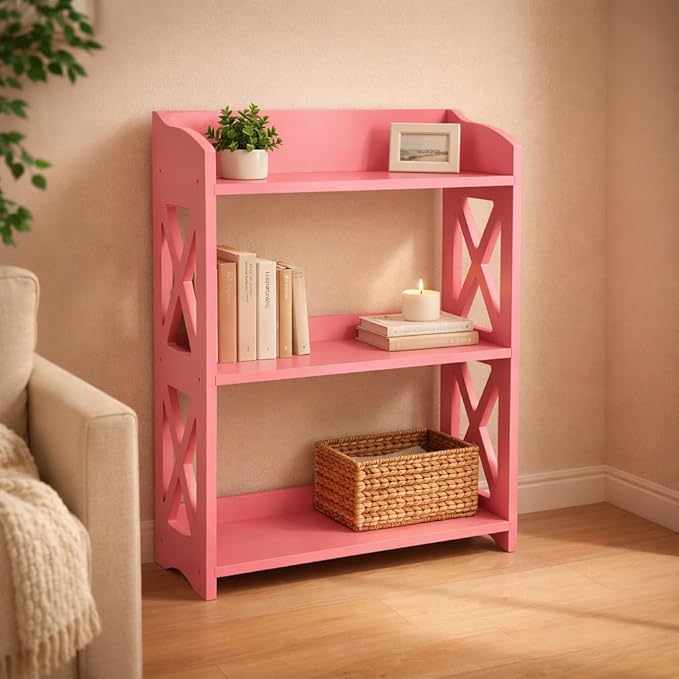 Pink Bookcase by Natural Wood, 3 Tier Bookshelf, Small Book Shelves Freestanding Display Storage Shelves. Open Bookshelf for Bedroom, Living Room and Office (Pink, 3 Tier)