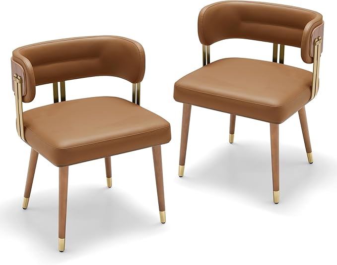 Modern Upholstered Leather Dining Chairs Set of 2 with High-Resilience Foam Cushion, Walnut Wood Veneer&Gold Metal Legs, 22Lx20.5Wx28.3Hin, Anti-Slip Kitchen Chairs for Dining Room,Light Brown