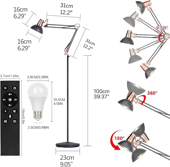 FIRVRE LED Floor Lamp with Remote Control, Dimmable Industrial Floor Light, 3 Usage Modes - Floors Lamp, Table Lamp and Clip Lamp,Pole Lamp for Living Room, Bedroom, Office (LED Bulb Included)