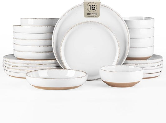 AmorArc Ceramic Dinnerware Sets with Pasta Bowls for 4, Handpainted Plates and Bowls Set with Rustic Terracotta Underside, Scratch Resistant Dishes Set, Dishwasher & Microwave Safe, 16 Pcs-White