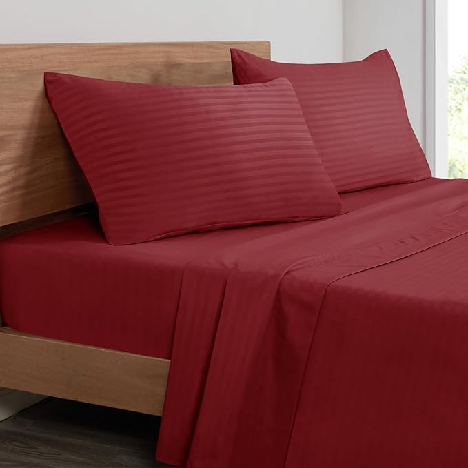 Mejoroom Striped Queen Size Sheet Set - Hotel Luxury 1800 Bedding Sheets & Pillowcases - Deep Pocket Fitted Sheet, Soft, Breathable, Wrinkle & Fade Resistant - 4 Piece (Burgundy)