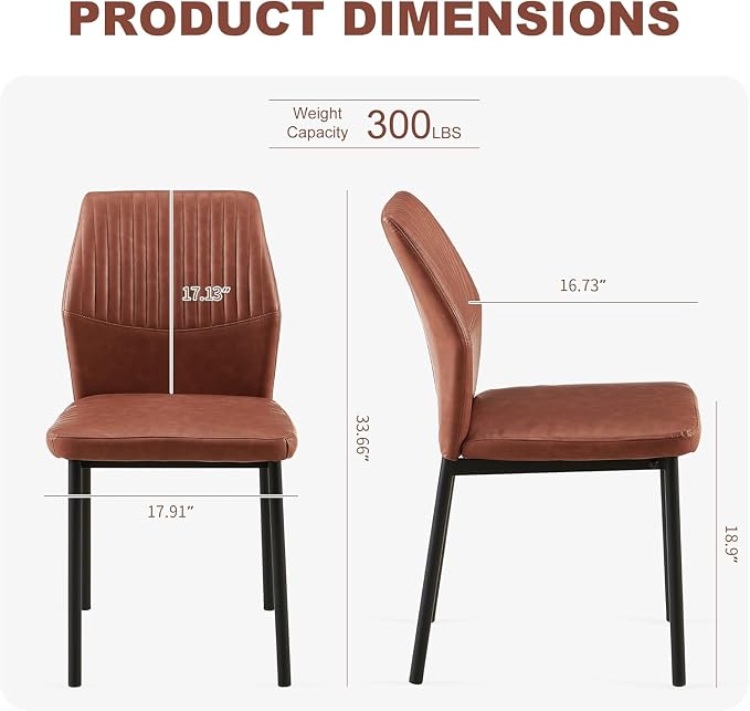 Dining Chairs Set of 2, Brown PU Leather Dining Chairs, Comfortable Upholstered Armless Kitchen Chairs with Black Metal Legs for Living Room, Dining Room, Kitchen