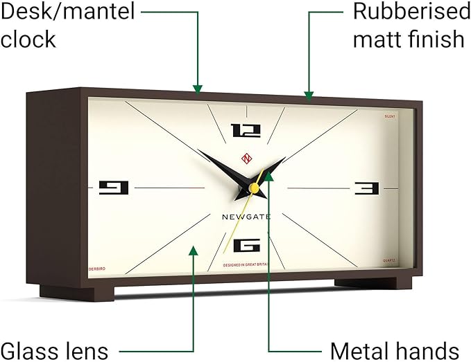 NEWGATE® Thunderbird Desk Clock | Retro Contemporary Rectangular Design | Mocha Brown | Modern mid-Century Style for Desk, Mantel, Table top or Shelf