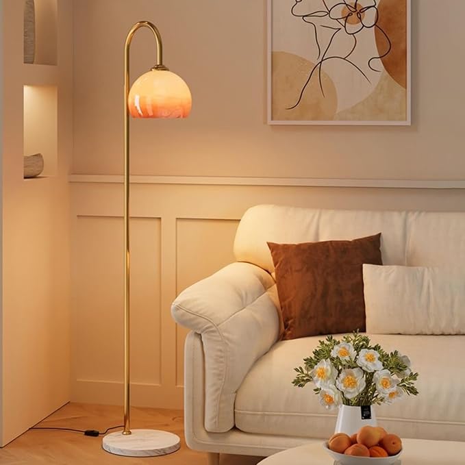 MIXL-Gradient Orange Shade Arc Floor Lamp,Gold Standing Light with Marble Base,Mid Century Modern Standing Lamps for Living Room Bedroom