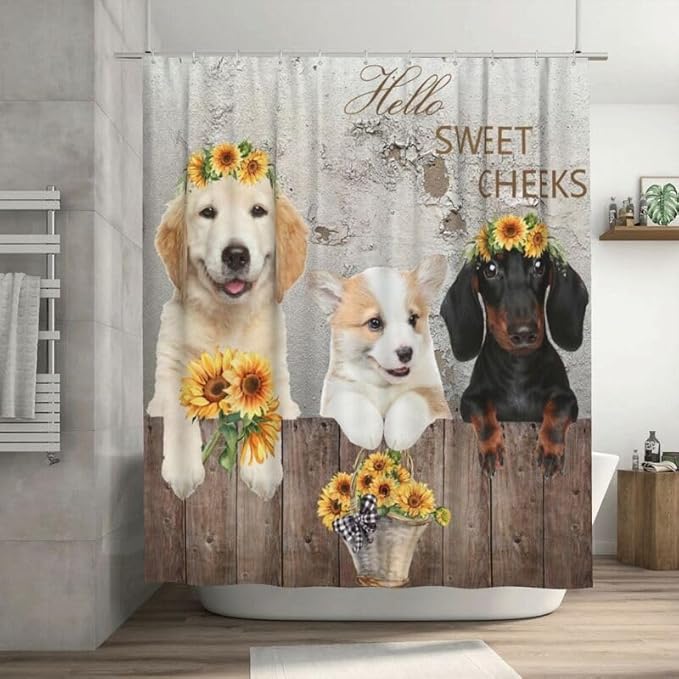 Dog Pattern Shower Curtain Farmhouse Country Rustic Wooden Farm Sunflower Animal Pattern Duty Fabric Shower Curtains Set Bathroom Polyester Waterproof with 12 Hooks,72x72Inch（183x183cm）