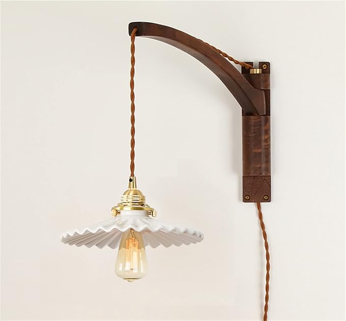 Classic Retro Walnut Lamp, Ceramic/Glass/Bronze Lampshade, Long Arm Swing Arm Folding Adjustable Wooden Light, Indoor Lighting, Sconce, Decoration (B)