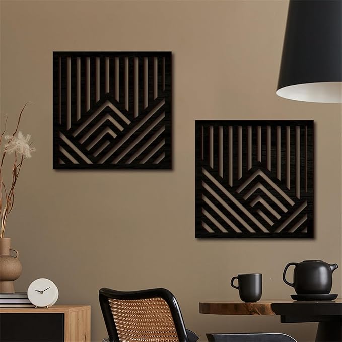 Geometric Mountain Wood Wall Art Decor, 2 Pcs Modern Mountain Wall Sculptures Wooden Square Hanging Abstract Panels, 3D Square Hollow Wood Art Wall Decor for Home Office Living Room Bedroom (Black)