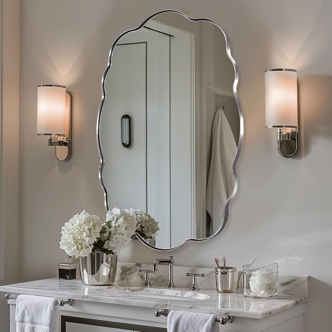 ANDY STAR Chrome Wavy Oval Bathroom Mirror - 24x36 Inch Polished Scalloped Bathroom Mirror, Unique Irregular Design with Heavy Duty SUS Metal Frame