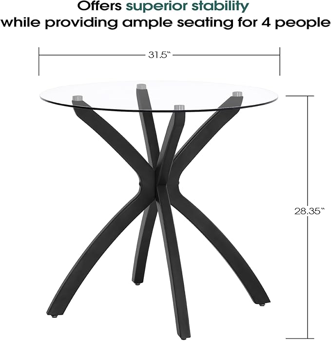 ivinta Small Glass Dining Table for 2-4, 31.5-Inch Round Coffee Table with Tempered Glass Top and Solid Wood Legs, Mid-Century Modern Kitchen Table for Dining Room, Living Room CURD-80 (Black)