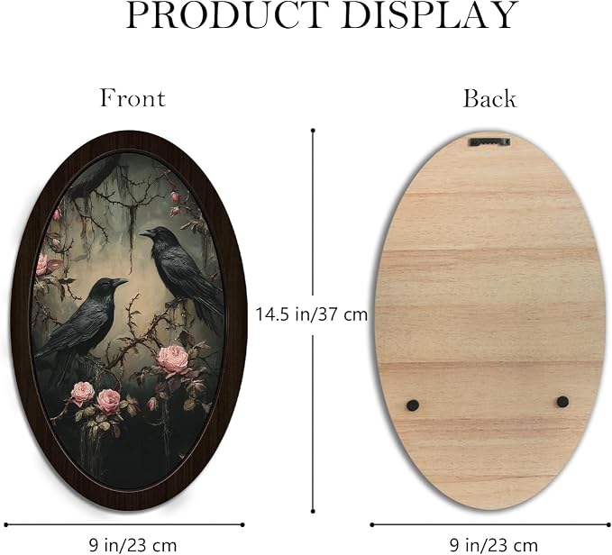 UYIKG Vintage Gothic Crow Oval Wall Art, Moody Dark Rose Crow Oval Wall Decor, Vintage Black Raven Floral Wooden Framed Decor for Home Bedroom Living Room Reading Room 9x14.6 in