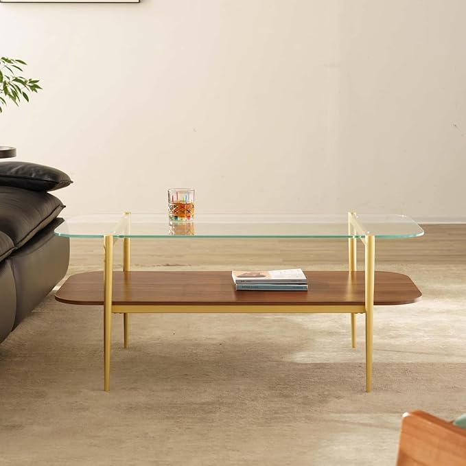 Saint Mossi Tadio Double Layer Glass Coffee Table for Living Room, Clear Glass & Coffee Brown MDF Bottom Shelf with Round Corners, L41xW21xH17