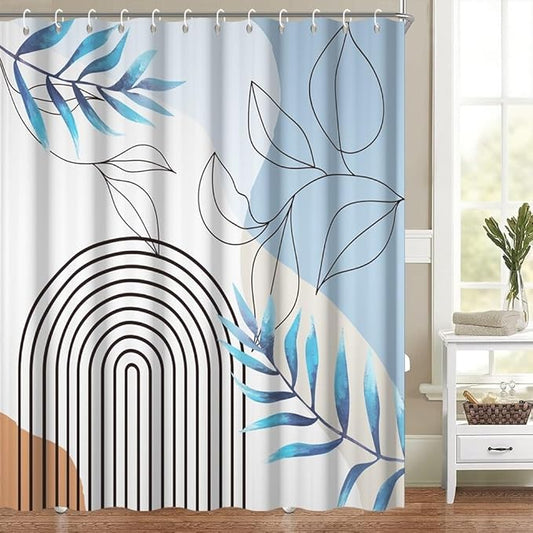 Bohemian Shower Curtain Set Blue Watercolor Eucalyptus Leaves Arch Abstract Stripes Bathtub Curtains Modern Minimalist Neutral Bathroom Decor Washable Waterproof Polyester Fabric with Hooks 69x75 Inch