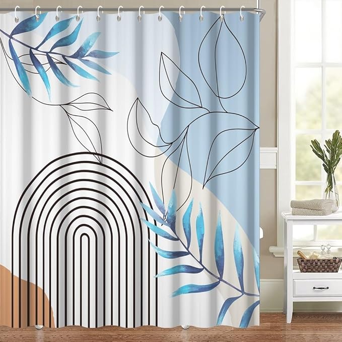 Bohemian Shower Curtain Set Blue Watercolor Eucalyptus Leaves Arch Abstract Stripes Bathtub Curtains Modern Minimalist Neutral Bathroom Decor Washable Waterproof Polyester Fabric with Hooks 72x96 Inch