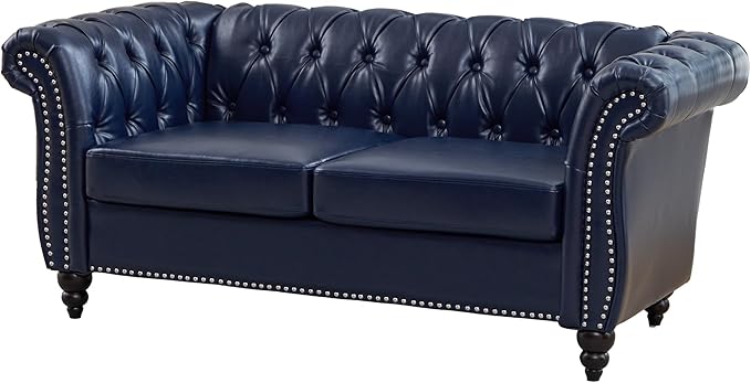 LEVNARY Chesterfield Loveseat, 2 Seater Tufted Couch for Living Room, Classic Button Tufted Upholstered Sofa, Modern Mid-Century PU Leather Loveseat (Blue)