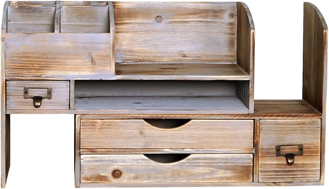 Large Adjustable Wooden Office Desk Organizer For Desktop, Tabletop, or Counter – Wood Storage Shelf Rack – For Office Supplies, Desk Accessories, or Mail - Barnwood (Vintage, Large)