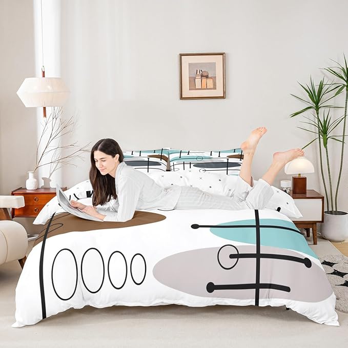 Erosebridal Mid Century Bedding Sets Queen Modern Minimalist Comforter Cover, Hippie Old Fashion Bed Set Abstract Artwork Duvet Cover, Aesthetic Lines Circles Quilt Cover Teal White Grey