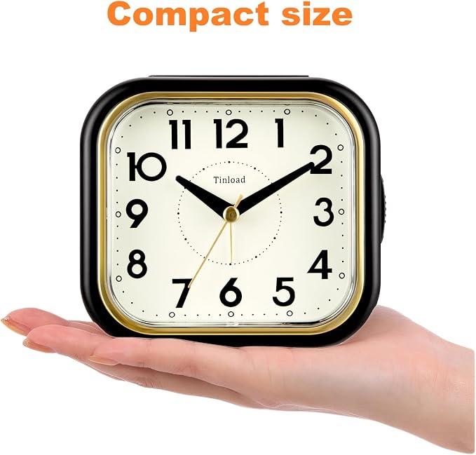 Tinload 4.3" Vintage Retro Analog Alarm Clock, Super Silent Non Ticking Clock with Manual Light, Snooze, Battery Operated, Simply Design, for Living Room, Bedroom, Bedside, Desk(Black-V2)
