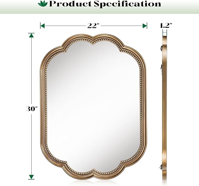 Scalloped Wall Mirror, 22" x 30" Gold Oval Mirror Beaded Frame Decorative, Antique Gold Mirrors Wooden Large Flower Mirrors for Over Sink, Bathroom, Bedroom, Living Room, Fireplace, Entryway