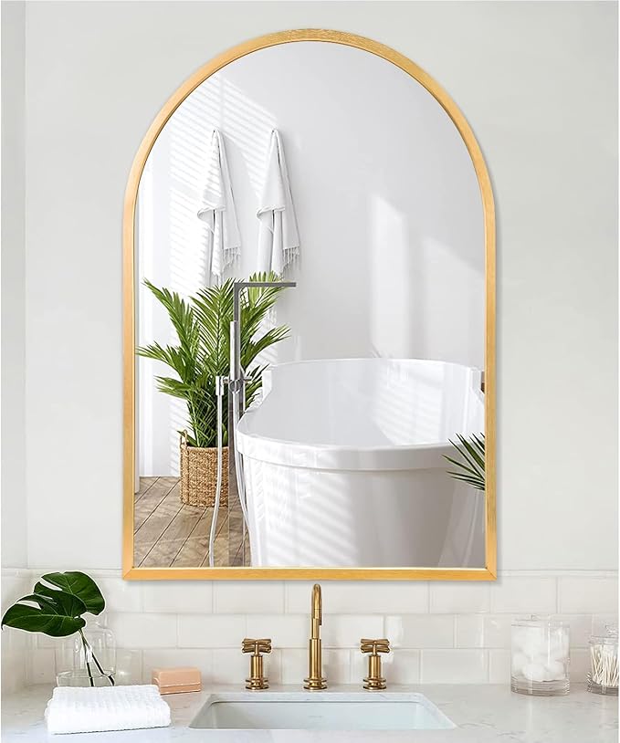 Arched Wall-Mounted Mirror Gold Arch Mirror Aluminum Alloy Frame Bathroom Mirror for Vanity Living Room, Bedroom, and Entryway 28"x20"