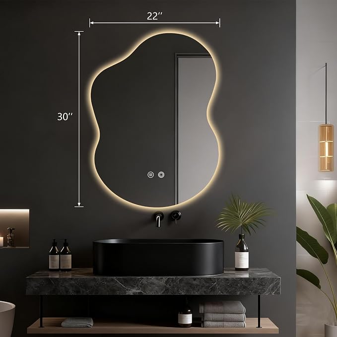 Asymmetrical Lighted Mirror for Bathroom,Modern LED Vanity Mirror with Backlit,Fog-Free,Tri-Color Dimmable Lighting with Memory Function,Hardwire Ready [Horizontal/Vertical] 30" H x 22" W