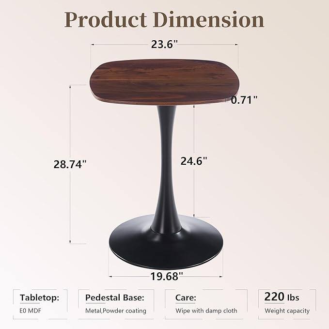 Small Square Dining Table,24" Tulip Table with Metal Pedestal,15-Minute Quick Assembly,Mid Century Modern Leisure Table for Kitchen Small Places Cafe (Faux Walnut)