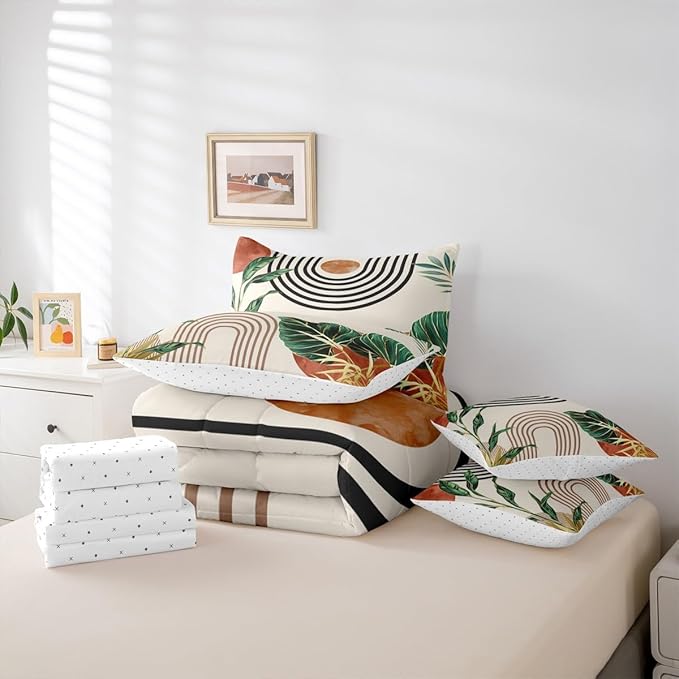 Erosebridal Modern Mid Century Bedding Set Queen Abstract Bohemian Comforter Set 7 Piece Modern Boho Brick Red Aesthetic Bed in A Bag for Adults Nature Stripes Palm Leaf Quilt with Flat Fitted Sheet