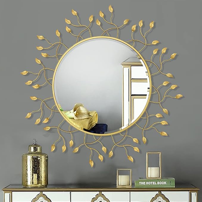 Chende 39" x 39" Gold Decorative Wall Mirror, Large Round Mirror with Metal Leaves, Gold Frame for Living Room, Entrance, Dining Room, Bedroom