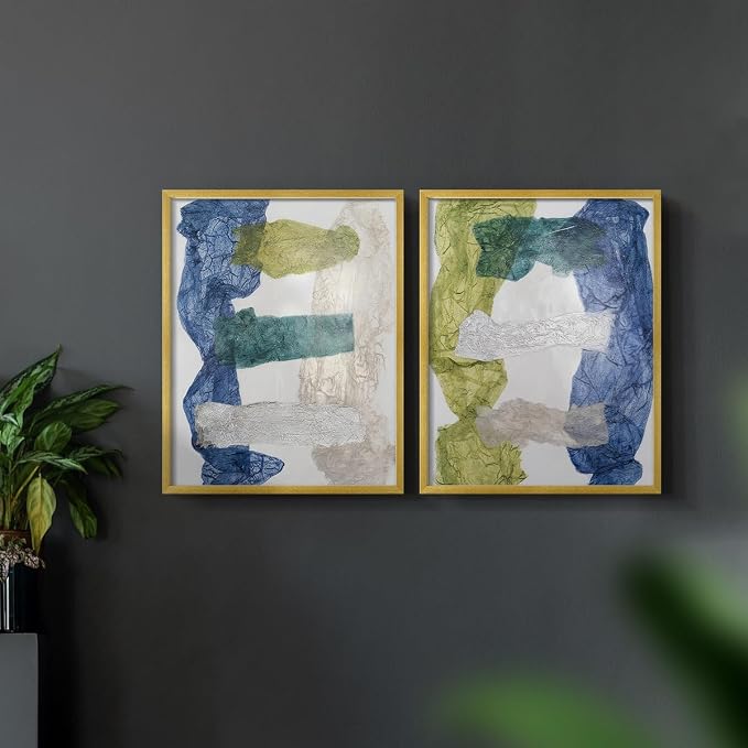 Renditions Gallery Set of 2 Peel & Stick Framed Prints, Elegant Abstract Wall Art, Dyed Cloth Texture Wall Decor, Re-Stickable - Ready to Hang - 16"x20" - GOLD Frame LT588
