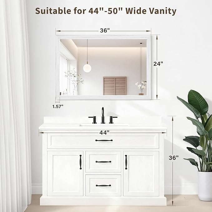 White Wood Effect Framed Wall Mirror, 24x36 Rectangle Mirror, Anti-desilvering Tempered Glass, Sustainable& Sturdy Frame, Anti-Rust, HD Reflection &3min Fast Setup for Bathroom Living Room
