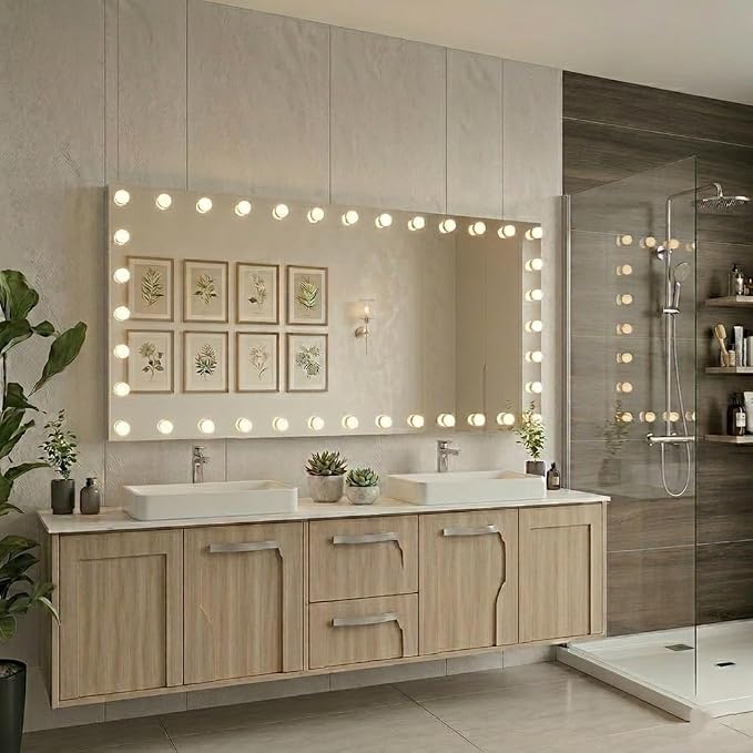WTTY 84"x32" Hollywood Vanity Mirror with Lights, Wall-Mounted Makeup Mirror with 3 Color Temperatures, Stepless Dimmable Bulbs, Anti-Fog & Shatter-Proof
