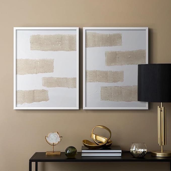 Renditions Gallery Set of 2 Peel & Stick Framed Prints, Modern Abstract Wall Art, Textured Brush Strokes Wall Decor, Re-Stickable - Ready to Hang - 11"x14" - White Frame LT588
